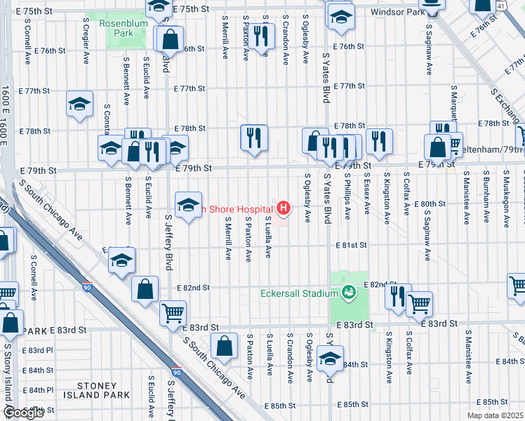map of restaurants, bars, coffee shops, grocery stores, and more near 8008 South Luella Avenue in Chicago