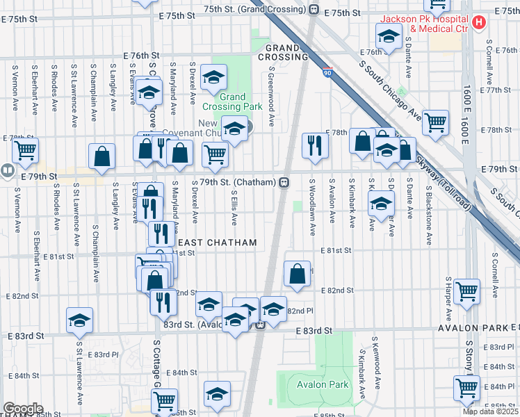 map of restaurants, bars, coffee shops, grocery stores, and more near 1049 East 80th Street in Chicago