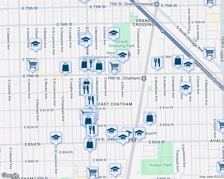 map of restaurants, bars, coffee shops, grocery stores, and more near 914 East 80th Street in Chicago