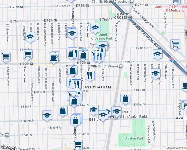 map of restaurants, bars, coffee shops, grocery stores, and more near 914 East 80th Street in Chicago