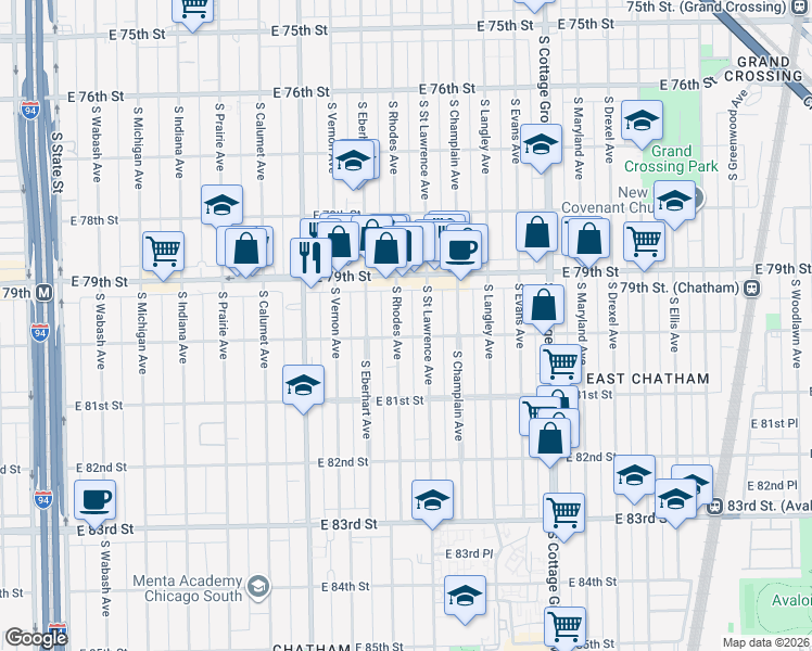 map of restaurants, bars, coffee shops, grocery stores, and more near 542 East 80th Street in Chicago
