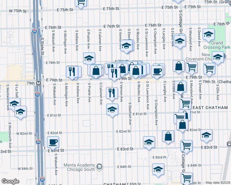 map of restaurants, bars, coffee shops, grocery stores, and more near 7740 South Eberhart Avenue in Chicago