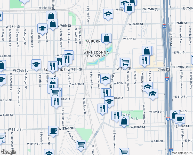 map of restaurants, bars, coffee shops, grocery stores, and more near 7941 South Parnell Avenue in Chicago