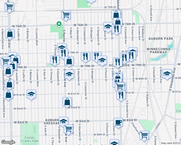 map of restaurants, bars, coffee shops, grocery stores, and more near 7926 South Morgan Street in Chicago