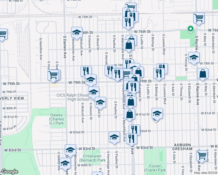 map of restaurants, bars, coffee shops, grocery stores, and more near 7928 South Hermitage Avenue in Chicago