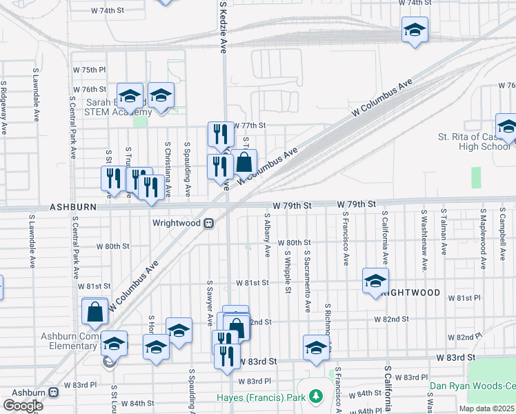 map of restaurants, bars, coffee shops, grocery stores, and more near 7906 South Albany Avenue in Chicago