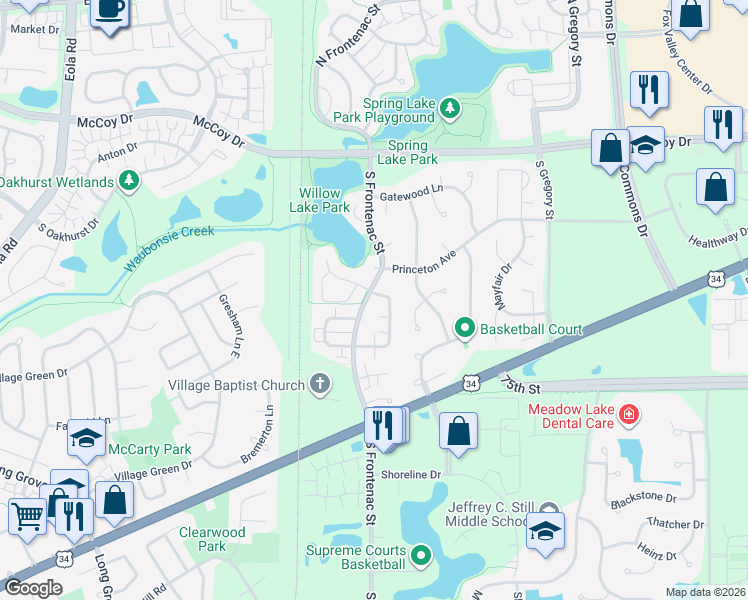 map of restaurants, bars, coffee shops, grocery stores, and more near 291 Park Ridge Lane in Aurora