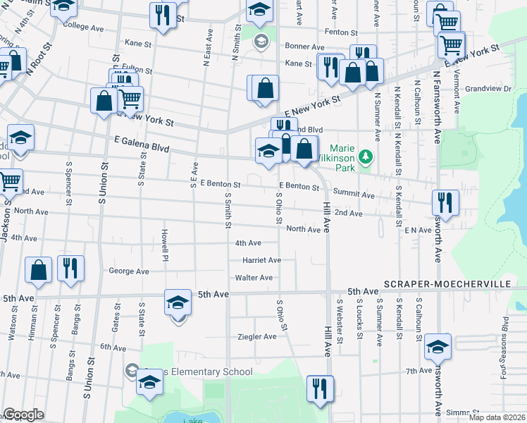 map of restaurants, bars, coffee shops, grocery stores, and more near 959 2nd Avenue in Aurora