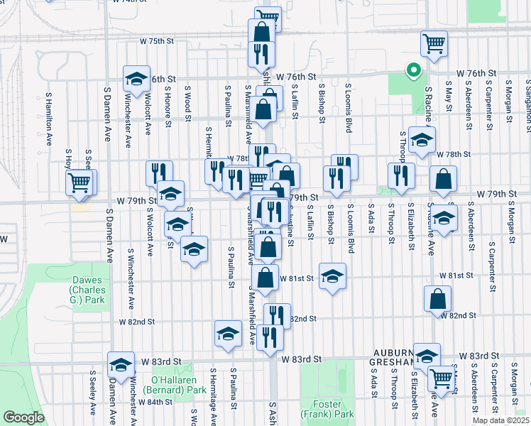 map of restaurants, bars, coffee shops, grocery stores, and more near 7927 South Ashland Avenue in Chicago