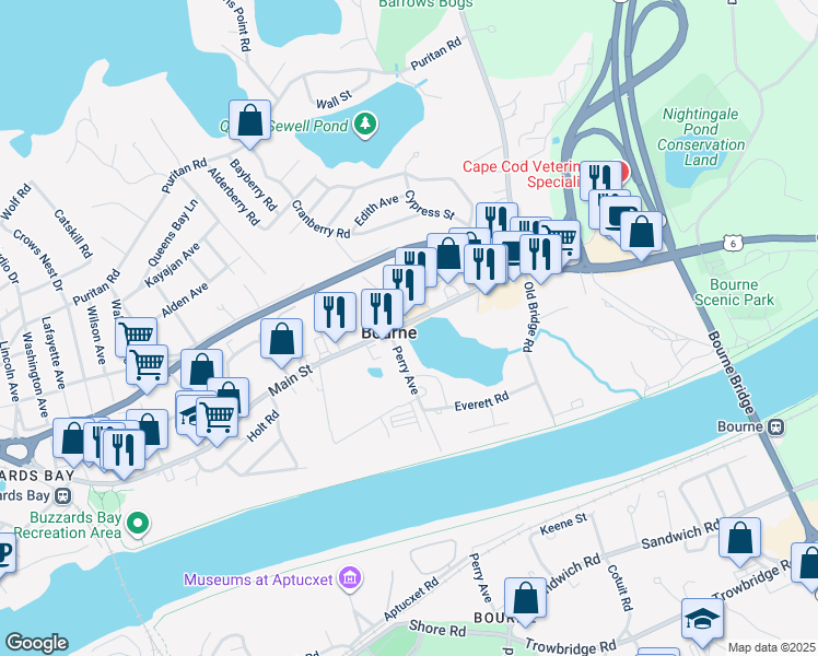 map of restaurants, bars, coffee shops, grocery stores, and more near 248 Main Street in Bourne