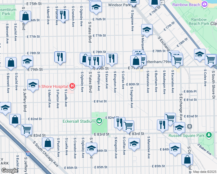 map of restaurants, bars, coffee shops, grocery stores, and more near 8016 South Essex Avenue in Chicago