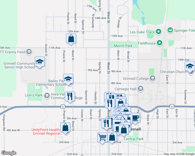map of restaurants, bars, coffee shops, grocery stores, and more near 1300-1322 Spring Street in Grinnell