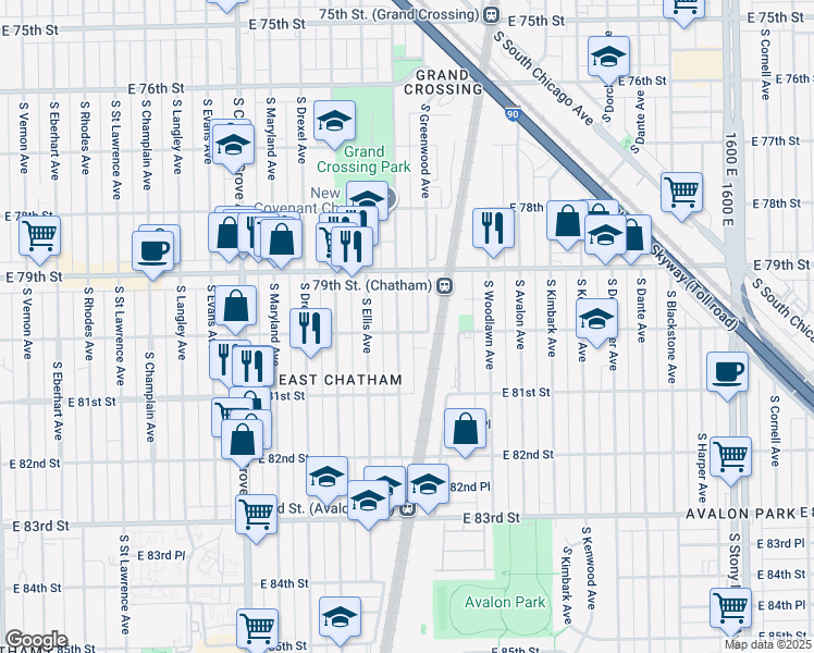 map of restaurants, bars, coffee shops, grocery stores, and more near 7953 South Dobson Avenue in Chicago