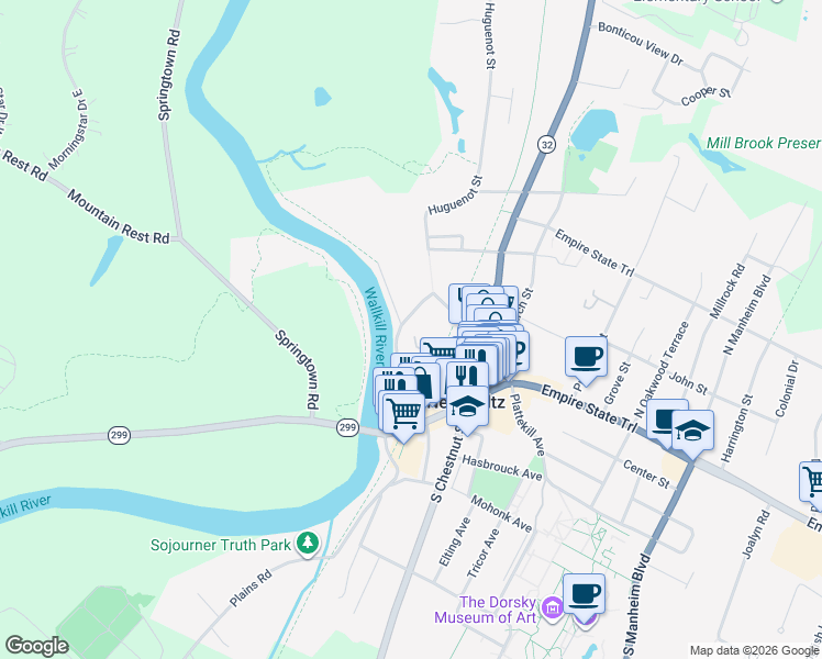 map of restaurants, bars, coffee shops, grocery stores, and more near 14 Huguenot Street in New Paltz