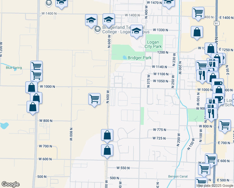 map of restaurants, bars, coffee shops, grocery stores, and more near 510 West 980 North in Logan