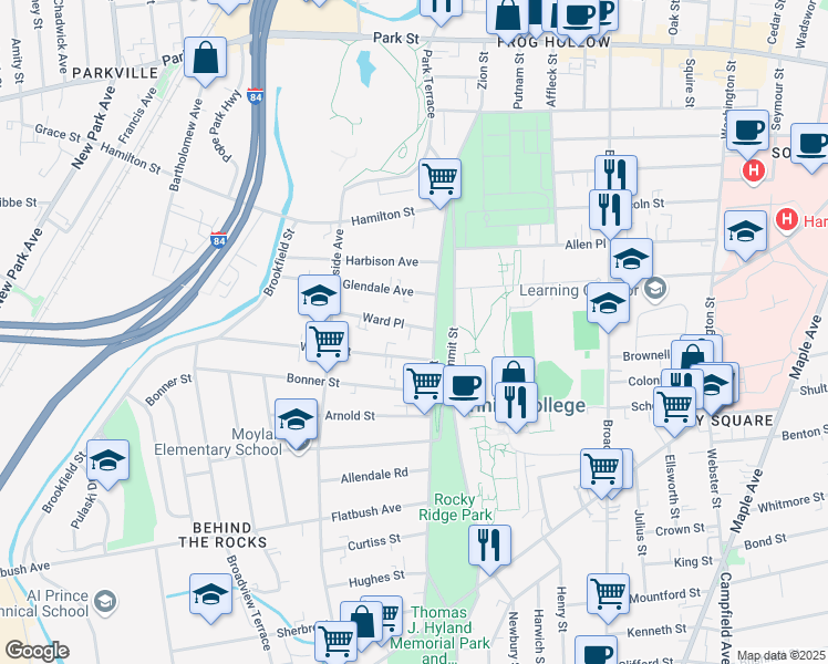 map of restaurants, bars, coffee shops, grocery stores, and more near 13 Ward Place in Hartford