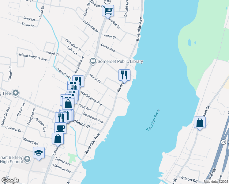 map of restaurants, bars, coffee shops, grocery stores, and more near 13 Wood Street in Somerset