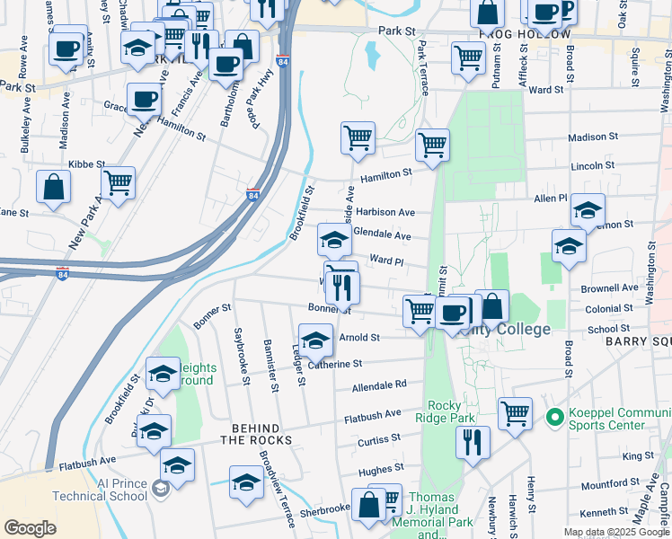 map of restaurants, bars, coffee shops, grocery stores, and more near 111 Hillside Avenue in Hartford
