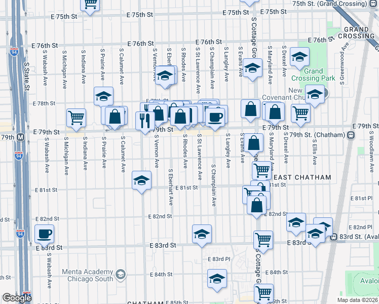 map of restaurants, bars, coffee shops, grocery stores, and more near 542 East 80th Street in Chicago