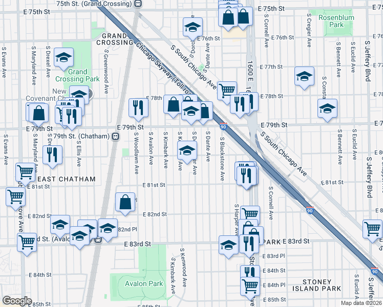 map of restaurants, bars, coffee shops, grocery stores, and more near 7960 South Dorchester Avenue in Chicago