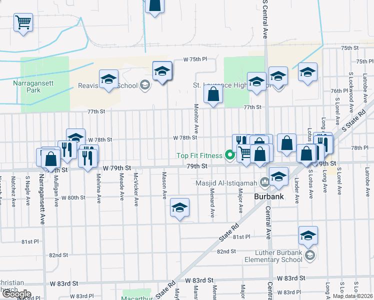 map of restaurants, bars, coffee shops, grocery stores, and more near 7825 Mayfield Avenue in Burbank