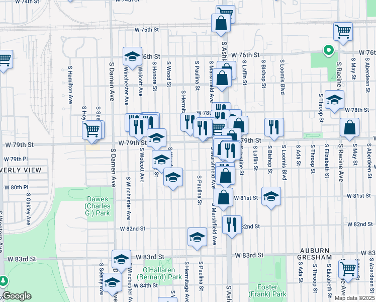 map of restaurants, bars, coffee shops, grocery stores, and more near 7928 South Hermitage Avenue in Chicago