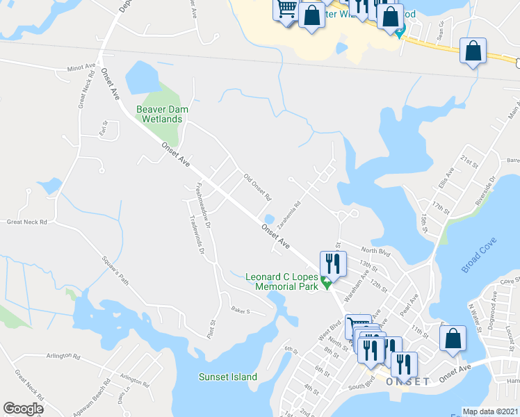 map of restaurants, bars, coffee shops, grocery stores, and more near 4 Old Onset Road in Wareham
