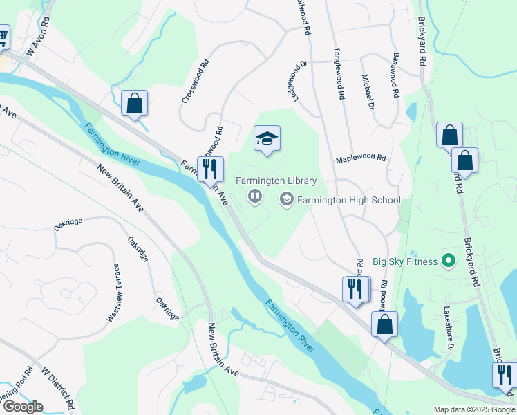 map of restaurants, bars, coffee shops, grocery stores, and more near 10 Monteith Drive in Farmington