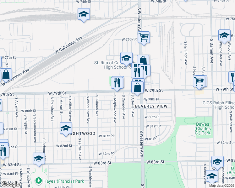 map of restaurants, bars, coffee shops, grocery stores, and more near 7914 South Campbell Avenue in Chicago