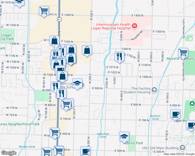 map of restaurants, bars, coffee shops, grocery stores, and more near 244 East 970 North in Logan