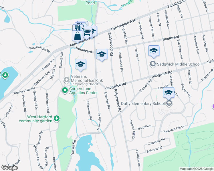 map of restaurants, bars, coffee shops, grocery stores, and more near 216 Sedgwick Road in West Hartford