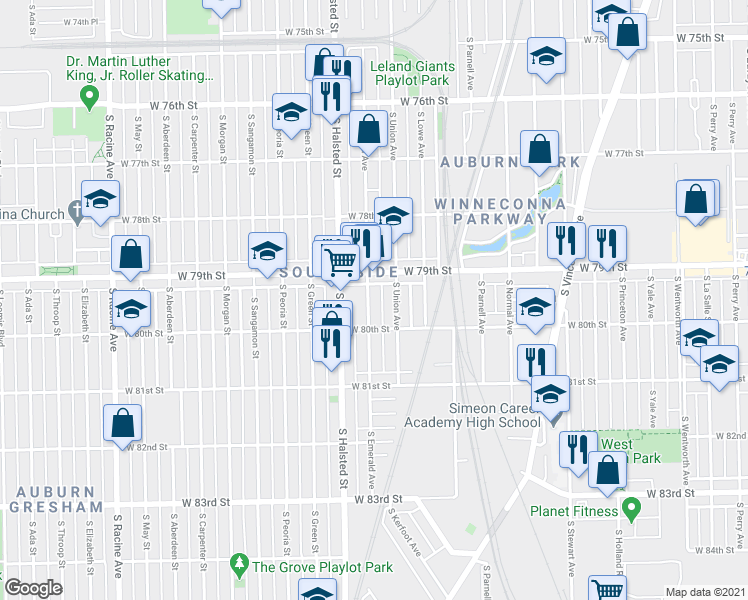 map of restaurants, bars, coffee shops, grocery stores, and more near 7929 South Emerald Avenue in Chicago