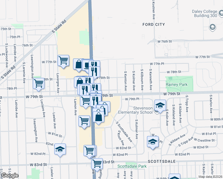 map of restaurants, bars, coffee shops, grocery stores, and more near 4636 West 79th Street in Chicago