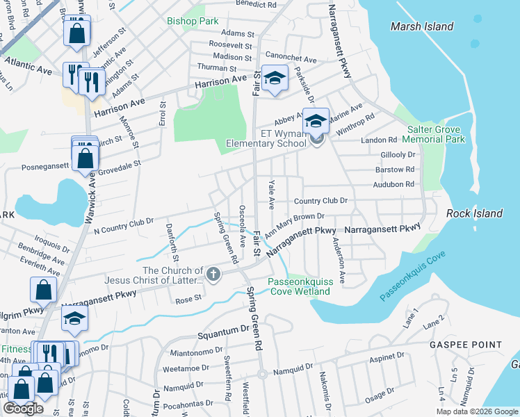 map of restaurants, bars, coffee shops, grocery stores, and more near 515 Fair Street in Warwick