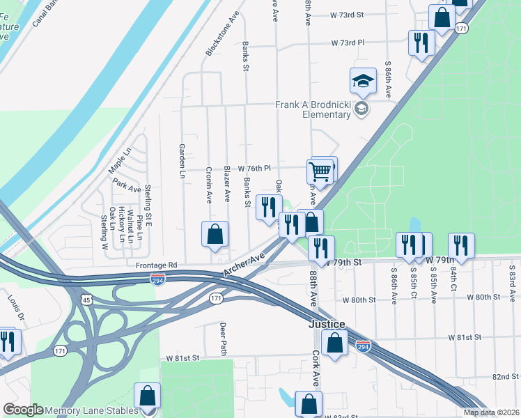 map of restaurants, bars, coffee shops, grocery stores, and more near 8836 Amelia Court in Justice