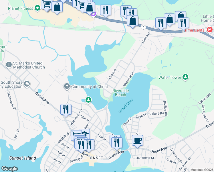 map of restaurants, bars, coffee shops, grocery stores, and more near 4 17th Street in Wareham