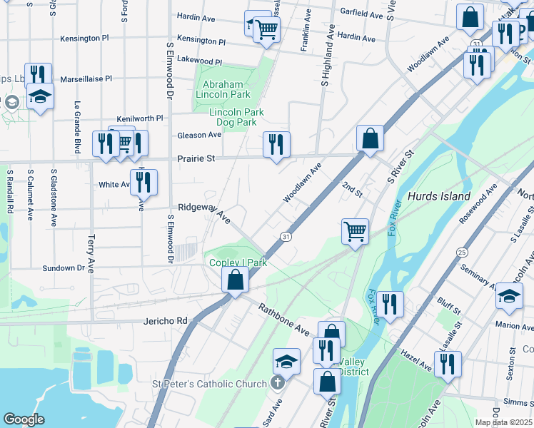 map of restaurants, bars, coffee shops, grocery stores, and more near 637 Woodlawn Avenue in Aurora