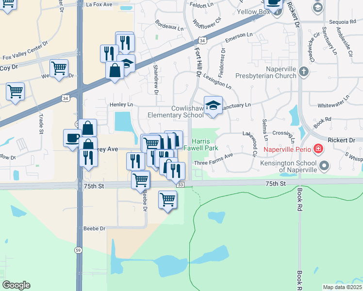 map of restaurants, bars, coffee shops, grocery stores, and more near 2518 Audrey Avenue in Naperville
