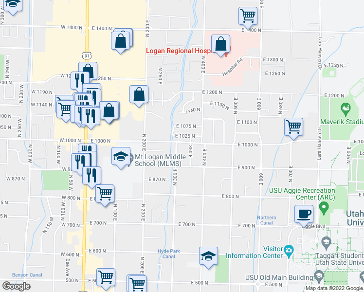 map of restaurants, bars, coffee shops, grocery stores, and more near 974 North 300 East in Logan