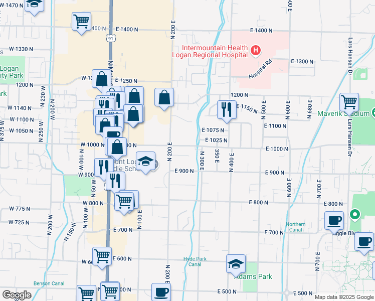 map of restaurants, bars, coffee shops, grocery stores, and more near 244 East 970 North in Logan