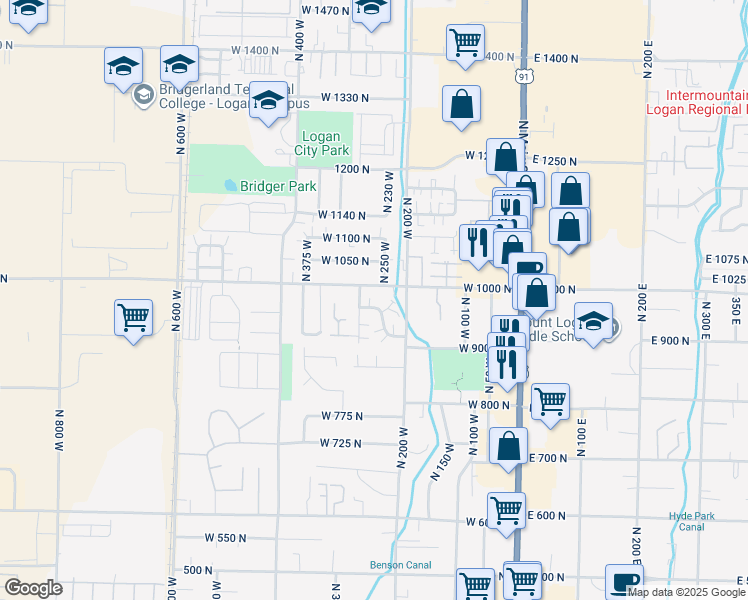 map of restaurants, bars, coffee shops, grocery stores, and more near 971 North 300 West in Logan