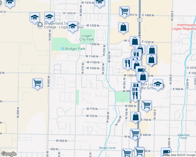 map of restaurants, bars, coffee shops, grocery stores, and more near 971 North 300 West in Logan