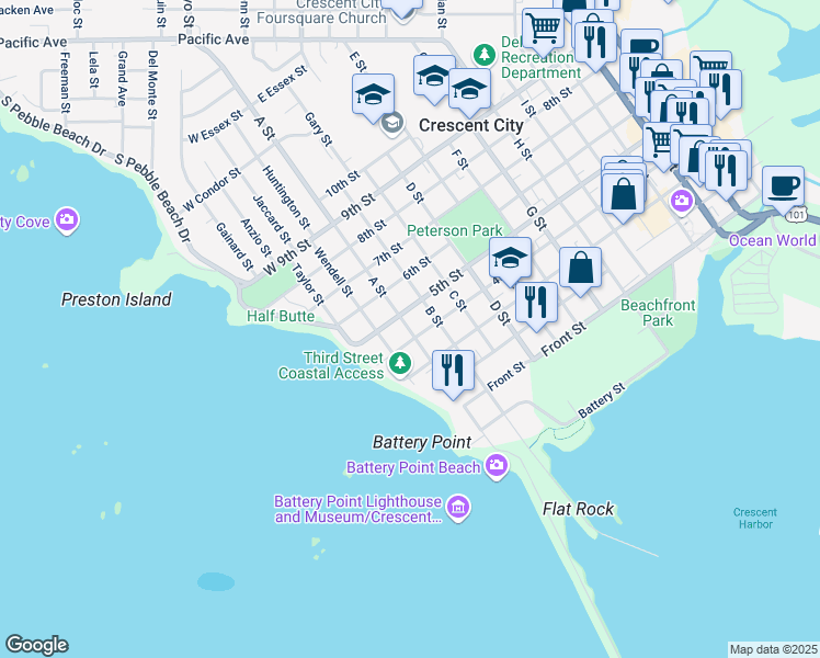 map of restaurants, bars, coffee shops, grocery stores, and more near 125 4th Street in Crescent City