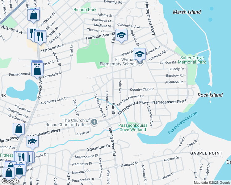 map of restaurants, bars, coffee shops, grocery stores, and more near 515 Fair Street in Warwick