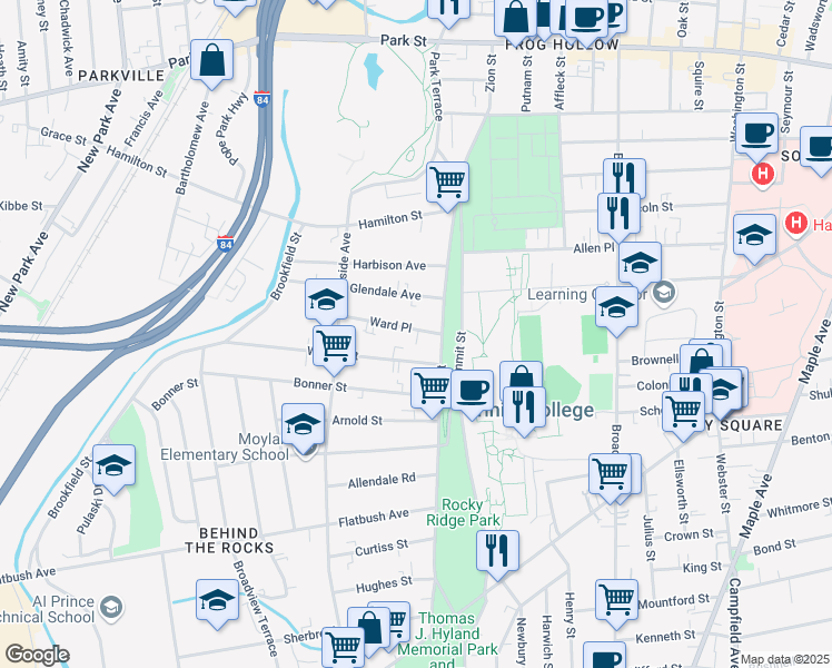 map of restaurants, bars, coffee shops, grocery stores, and more near 13 Ward Place in Hartford