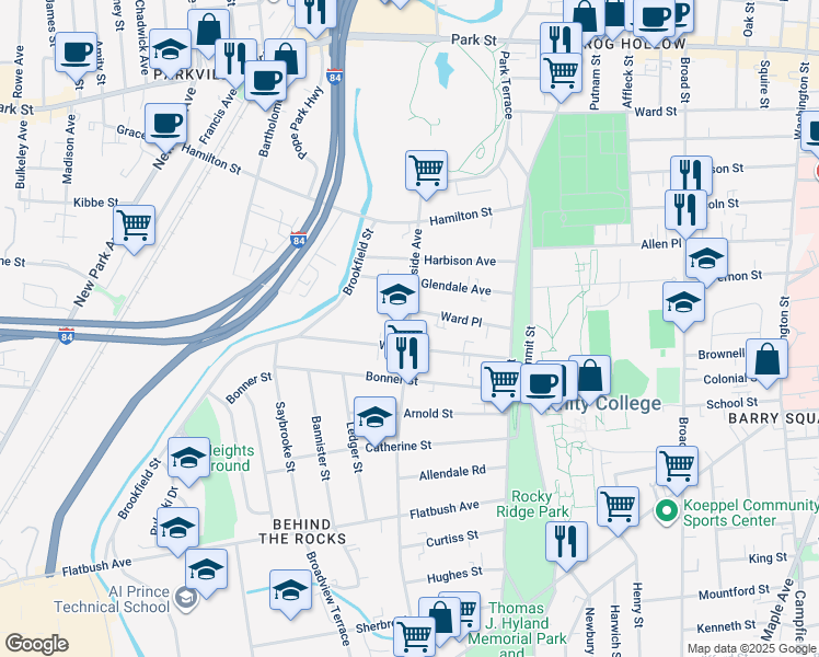 map of restaurants, bars, coffee shops, grocery stores, and more near 124 Hillside Avenue in Hartford