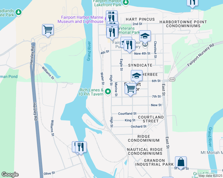 map of restaurants, bars, coffee shops, grocery stores, and more near 625 High Street in Fairport Harbor