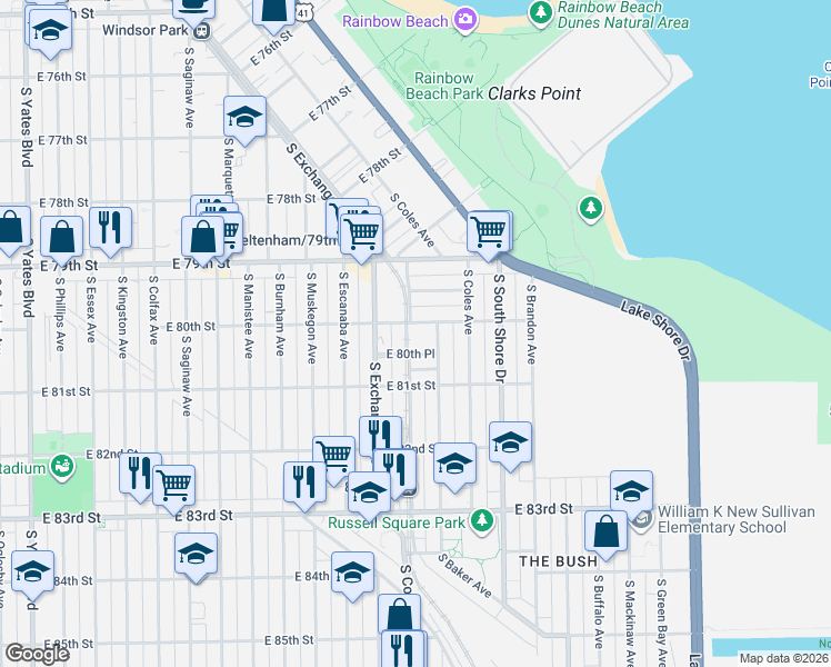 map of restaurants, bars, coffee shops, grocery stores, and more near 2954 East 80th Place in Chicago