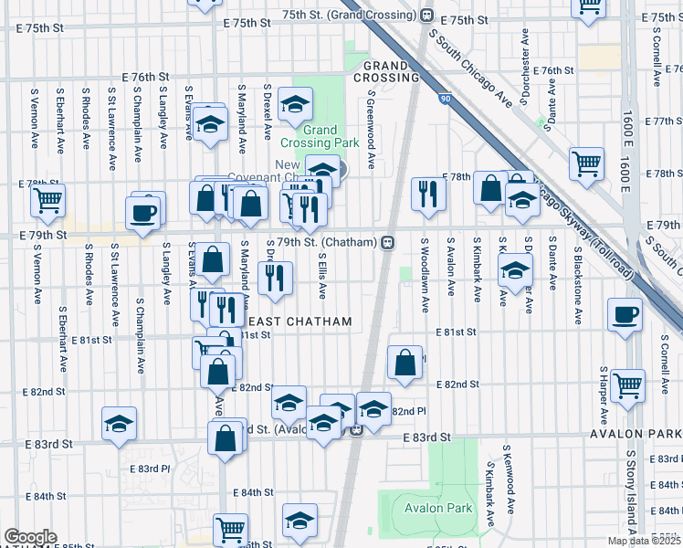 map of restaurants, bars, coffee shops, grocery stores, and more near 8001 South Ellis Avenue in Chicago