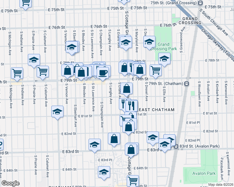 map of restaurants, bars, coffee shops, grocery stores, and more near 704 East 80th Street in Chicago